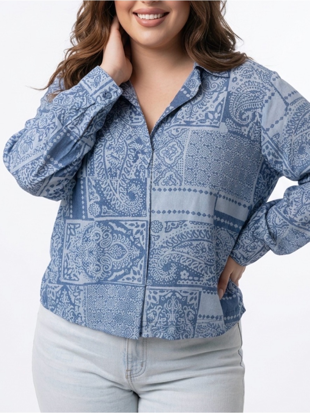 Hope & Harlow Blouse XL Button-down Blue Patch Paisley Long sleeves w/ roll-tab